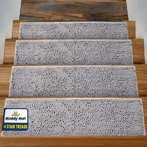 Muddy Mat® Pack of 4 - Soft Chenille Stair Stairs غير قابلة لإعادة الاستخدام ، فائقة الدرج ، فائقة الامتصاص للخطوات الخشبية ، والبلاط والرخام ، وسهلة التثبيت والآلة قابلة للغسل - رمادي 30 '× 7' '