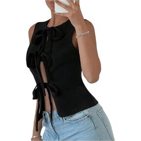 SHENHE Women's Open Front Tie Bow Top Cut Out Sleeveless Slim Fit Sexy Tank Vest Top