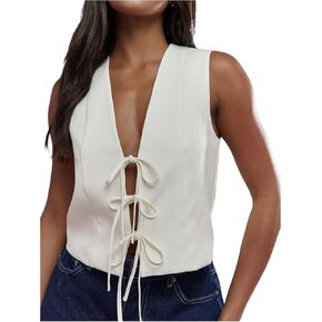 GORGLITTER Women's Front Tie Vest Bow Sleeveless Deep V Neck Y2K Vintage Tank Tops