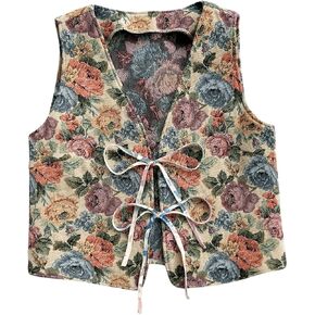 Verdusa Women's Bow Tie stnot Front v Neck Wave Print Olcyless Crip Top Boho Vest