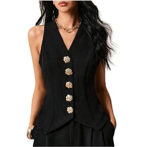 OYOANGLE Women's Elegant Metallic 3D Floral Button Suit Vest Slit Hem Work Dressy Sleeveless Blazer