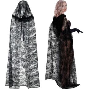 Halloween Lace Hooded Cloak Witch Tulle Cape for Women Gothic Costumes Cape for Cosplay Vampire Costume Black