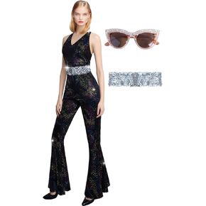3Pcs Disco Outfit 70s 80s Disco Jumpsuit Costume with Sunglasses and Belt for Parties Halloween Cosplay