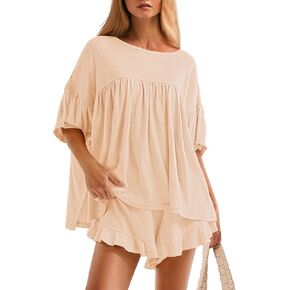 ZESICA Women's Summer 2 Piece Outfits 2025 Ruffle Short Sleeve Tops and Shorts Casual Loose Oversized T-Shirts Lounge Sets