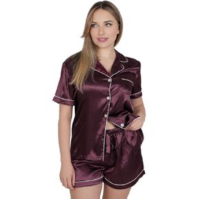 NY Threads Women's Silk Satin Pajamas Set Button Down Top and Shorts 2 Piece Sleepwear Loungewear PJS