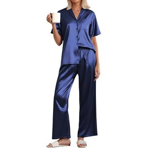 Ekouaer Womens Silk Pajama Sets Short Sleeve Button Down Shirt with Long Pants Soft Sleepwear Satin Pjs Lounge Set S-XXL