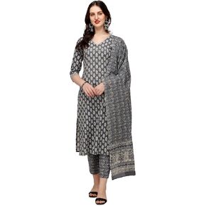 Women's Grey Cotton Straight Kurta with Pant and Dupatta SET0050