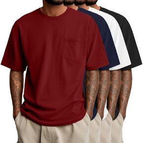 Ficerd 4 Pack Men’s Big and Tall Shirts, Short Sleeve Pocket Tee Heavyweight Crew Neck Cotton Tops Loose Fit Casual T Shirt