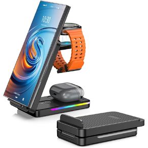 Wireless Charging Station for Samsung, 3 in 1 Foldable Wireless Charger for Samsung Galaxy S24 Ultra/S24/S23 Ultra/S22/Note 20/iPhone 16 Pro Max, Galaxy Watch Ultra/7/6/5/4/Buds(Travel Essentials)
