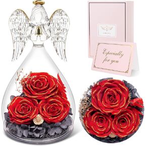 Sunia Preserved Flowers Rose Gifts for Mom, Birthday Gifts for Grandma Women, Glass Angel Figurines with Three Forever Real Roses, Fresh Flowers Gifts for Christmas Mother's Day ﻿Valentine
