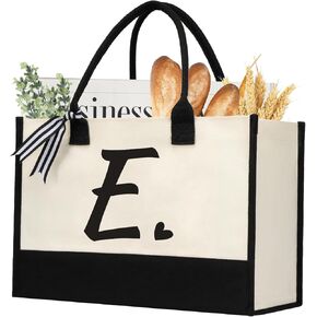 Initial Canvas Tote Bag, Personalized Beach Jute Bag Present for Women Holiday,Friends Birthday Gift,Wedding, New Year