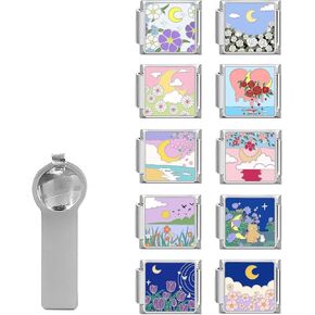 papasgix Italian Charm Bracelet Charms Pack Links Bulk with Opening Tool 9mm Italian Charms 10 Flowers Italian Modular Bracelet Links Handmade DIY Jewelry Moon Sun