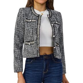 Xaspee Women's Tweed Blazers Cropped Long Sleeve Crewneck Open Front Lace Trim Lightweight Plaid Work Blazer Jackets in Kuwait