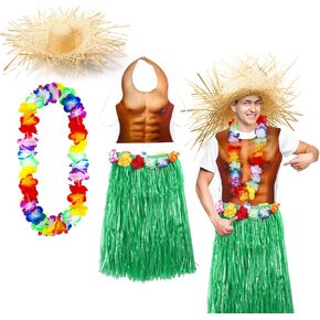 Yahenda 4 Pack Hawaiian Skirts Costumes for Man, Including Green Hula Skirts with Party Muscle Vest,straw Hat and Wreath, Hawaiian Outfits Party Accessory