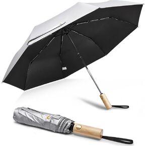 G4Free Windproof Travel Umbrella with Large Wooden Handle, UV Sun Protection & Rain Umbrella Automatic Open And Close, Compact 46" Large Canopy with UPF 50+, Lightweight Portable for Walking & Outdoor