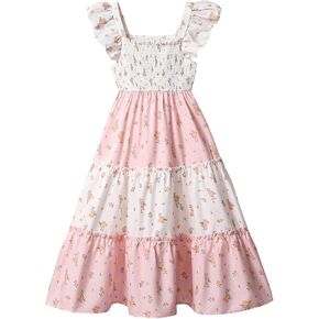Girl's Floral Midi Dress Boho Ruffled Cap Sleeve Tiered A Line Flowy Summer Vacation Dresses