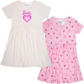 Barbie Girl's Lastured Stretch Dress 2 -Pack Praphic Print Logo - مجموعة من فساتين الصيف القصيرة للأكمام للأطفال