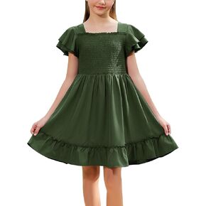 Gorlya Girls Square Dique Negant Flowy shirred baugh buck hem babydoll a-line dress 6-14y