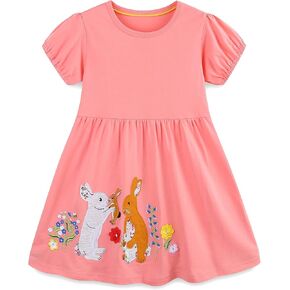 FreeLu Girls Cartoon Appliques Dress Cotton Summer Short Sleeve Dresses Casual Jersey Skirt