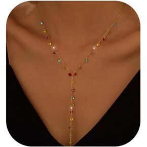 925 Sterling Silver Y Shaped Long Lariat Necklaces for Women Dainty 14K Gold Plated Rainbow Colorful CZ Tassel Drop Pendant Necklace Body Necklaces 15.75"+2.36" Adjustable Chain Summer Jewelry