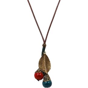MINACHI Hippie Bohemian Vintage Antique Leaf Red Green Beads Lariat Necklace, Boho Jewelry Gift for Women