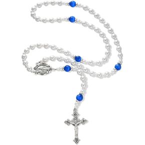 HANDMADE Catholic Pearl Beads Rosary for Women, White Pearl Rosary Necklace with Miraculous Medal, Catholic Rosaries Gifts