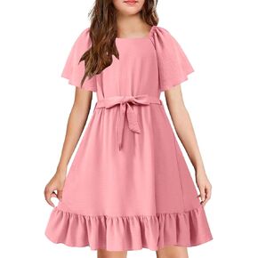 Arshiner Girls Dresses Kids Summer Square Neck Ruffle Hem Belted Dress with Pockets for 5-12 Years