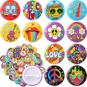 Yinkin 1.7 in 60's Hippie Button Pins Bulk 60's Retro Buttons Pins for Hippie Costume Party Favors Accessories, 12 Styles