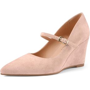 Z.Oufeier Womens Pointy Toe Suede Buckle Ankle Strap Mary Jane Wedge High Heels Wedding Party Dress Business Pumps Shoes 3.4 Inches