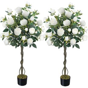 Huaeasin Trees Rose Tree 2 Pack ، 4ft (47.2in) شجرة زهور حريرية مزيفة ، نباتات اصطناعية طويلة داخلية ، شجرة فو مع زهور بيضاء زارع مزيفة لغرفة المعيشة في الهواء الطلق في الهواء الطلق