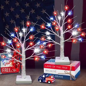 2 Pack 4th of July Decorations Tree Light, 18.5" Patriotic Tree with 24pcs Red White Blue LED Star Lights Battery Operated Lighted Tabletop Tree with Timer for Home Table Decor Memorial Day