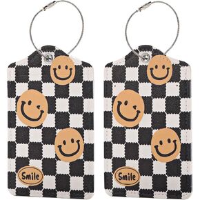 2 PCS Cute Checkered Luggage Tag for Suitcases PU Leather Identifiers Privacy Name Address Label Card Suitcase Tags with Stainless Steel Loop for Women Men Travel Luggage Accessories