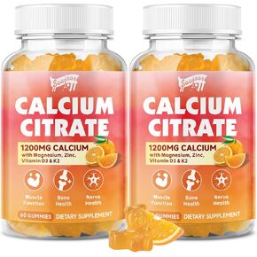 Calcium Citrate Gummies 1200 mg with Vitamin D3, K2, Magnesium, Zinc, Bone Support for Bones, Muscles & Joints,Immunity & Memory Support, 120 Count