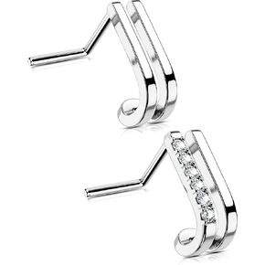 OUFER 2PCS Nose Rings Studs, Surgical Steel 20G Nose Rings L-shape, Double Rows Design Clear CZ Nose Nostril Piercing Jewelry Nose Rings for Women Men-7.2MM, Silver, O-NS0076-7-2PCS
