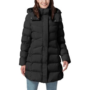 Long Puffer Jacket for Women Winter Warm Quilted Thicken Zipper Coats with Detachable Hood Black L
