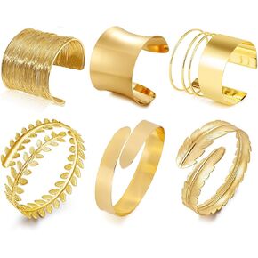 YVVLEE 6 PCS Gold Chunky Arm Cuff Upper Arm Band Cuff Bracelet Bangle for Women Irregular Minimalist Statement Gold Silver Adjustable Armband Set