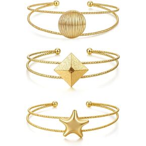 COLOYAN 3PCS Upper Arm Cuff Bracelet, Gold Silver Arm Cuff Coil Band Bangle, Starfish Shell Geometry Adjustable Armband Boho Jewelry Set