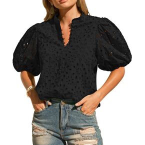 Womens Eyelet Summer Tops Lantern Short Sleeve Button V Neck Dick Dary Disdy Allown Out Out Setred Servided Lace Lace