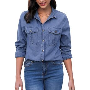 GRAPENT Denim Button Down Shirts for Women Long Sleeve Western Top Casual Cotton Relaxed Fit Jean Shirt Jacket Shacket in Kuwait