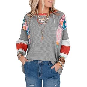 EVALESS 3/4 Length Sleeve Womens Tops Trendy 2025 Spring Summer Crew Neck Oversized Striped Patchwork Shirts Blouse