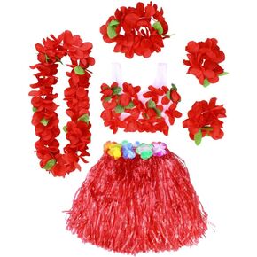 6pcs حزب هاواي معصم الحفلات العشب مع زهرة زهرة هولا رقص تنورة زهرة رئيس رأس هاواي قلادة الحفلات الاستوائية المدارية تنانير الدانتيل فستان فستان شاطئ