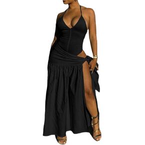 Halfword 2 Piece Maxi Skirt Sets Sexy Halter V Neck Backless Bodysuit Sarong Wraps Beach Vacation Clothes Going Out Outfits