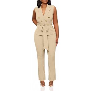 Womens 2 Piece Blazer Pants Set 2025 Trendy V Neck Sleeveless Belted Vest Straight Long Pants Business Suit Sets