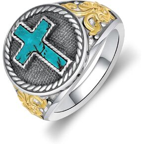 Genuine Turquoise Ring for Men 925 Sterling Silver Mens Turquoise Ring Vintage Western Cross Turquoise Jewelry for Men