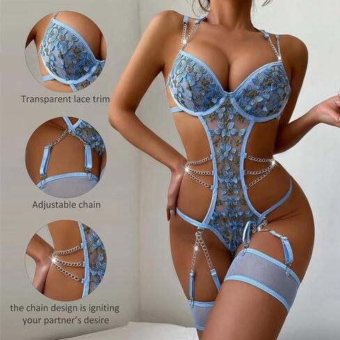 مجموعات Shekini Women Sexy Lingerie مع حمالة صدر حزام الرباط ومجموعات اللباس الداخلي مع سلسلة التطريز الزهرية in Saudi Arabia