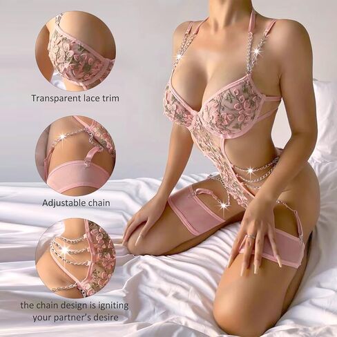 SHEKINI Women Sexy Lingerie Sets with Garter Belt Bra and Panty Sets with Chain Bodysuit Floral Embroidery Curvy Babydoll in Saudi Arabia