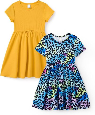 PATPAT Girls' Short Sleeve Dresses Multipack – Quick-Dry Fabric, Tie-Dye & Leopard Prints for Toddlers & Big Girls 2-10 T in Saudi Arabia