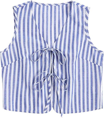 Verdusa Women's Bow Tie Knot Front V Neck Wave Print Sleeveless Crop Top Boho Vest in Kuwait