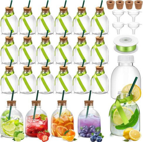 VESICI 24 PCS 10 OZ BATIRLES BATRELS مع Cork و Straw Freef Juice Bottles للمشروبات قابلة لإعادة الاستخدام الزجاجات المصغرة مع شريط الحرير الأخضر لحفل الزفاف الديكور الشخصي in Kuwait