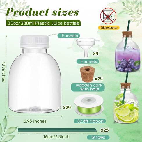 VESICI 24 PCS 10 OZ BATIRLES BATRELS مع Cork و Straw Freef Juice Bottles للمشروبات قابلة لإعادة الاستخدام الزجاجات المصغرة مع شريط الحرير الأخضر لحفل الزفاف الديكور الشخصي in Kuwait